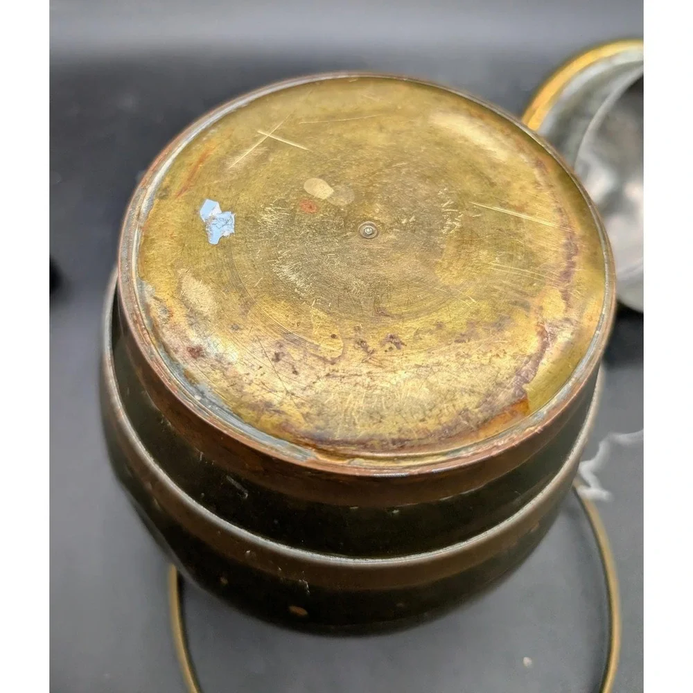 Vintage Brass and Copper Barrel Canister with Bail Handle and Lid Mixed Metal 8